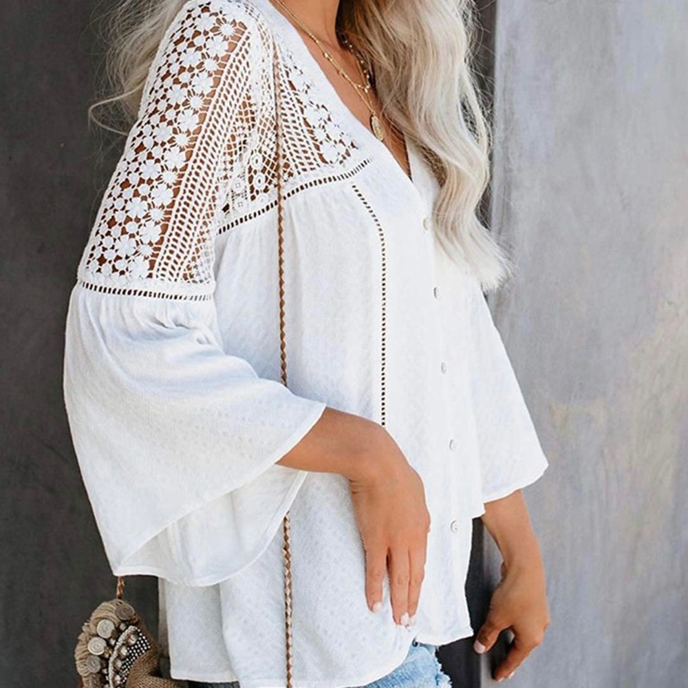 Boho White Lace Festival Button Front Blouse - Picture 3 of 12